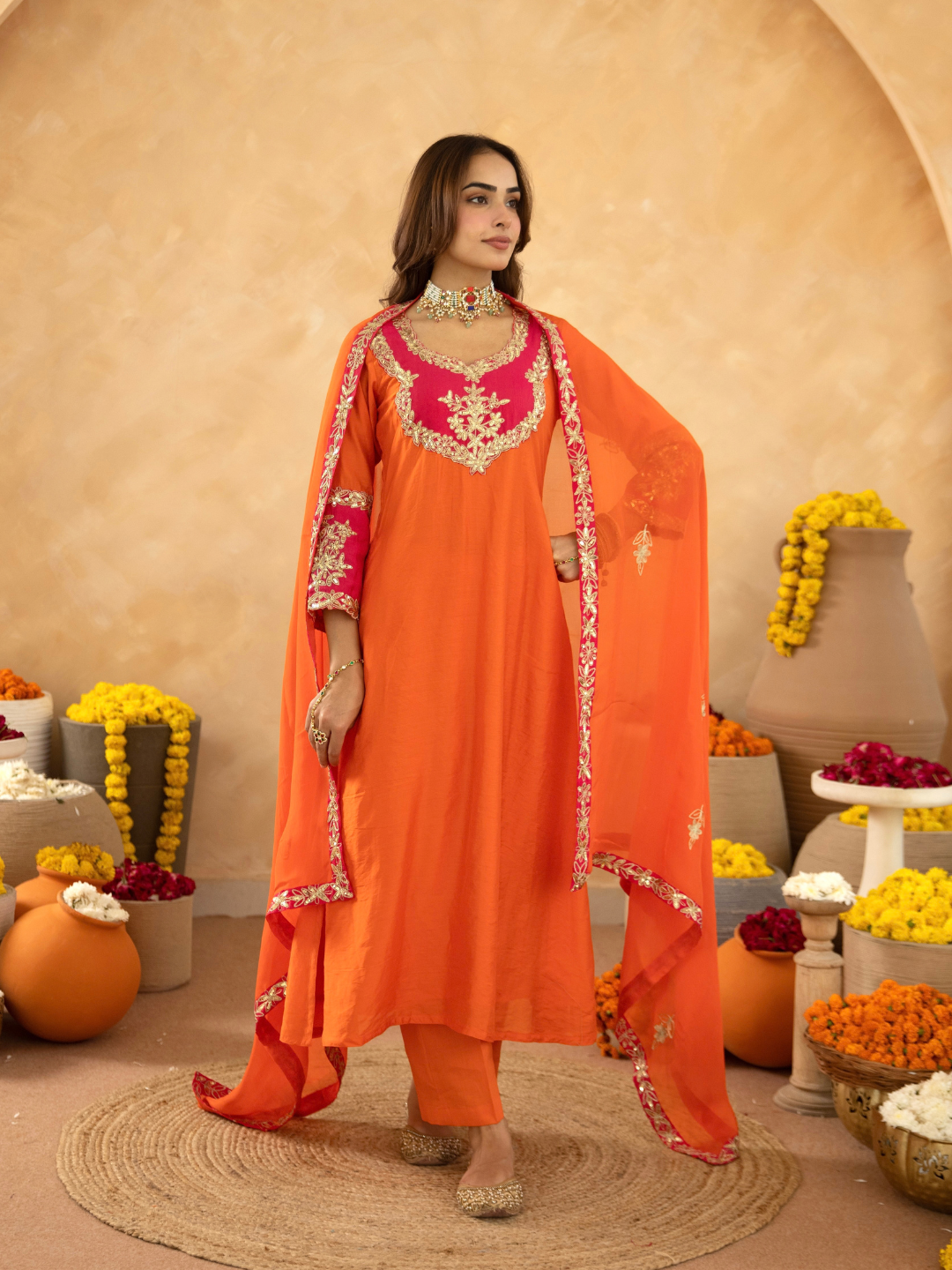 Orange Chanderi A-Line Kurta Set with Handwork Detailing &  Organza Dupatta