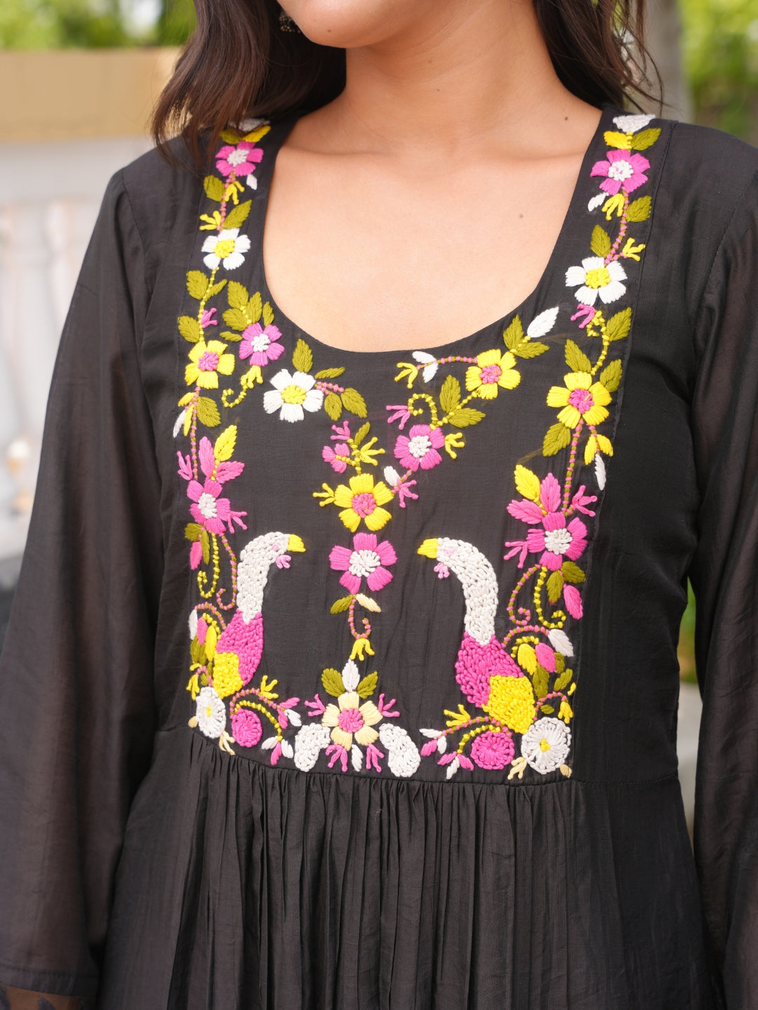 Floral Wine Black Hand Embroidery Chanderi Kurta Set
