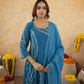 Blue Chanderi Aari Embroidered A- Line Kurta Set