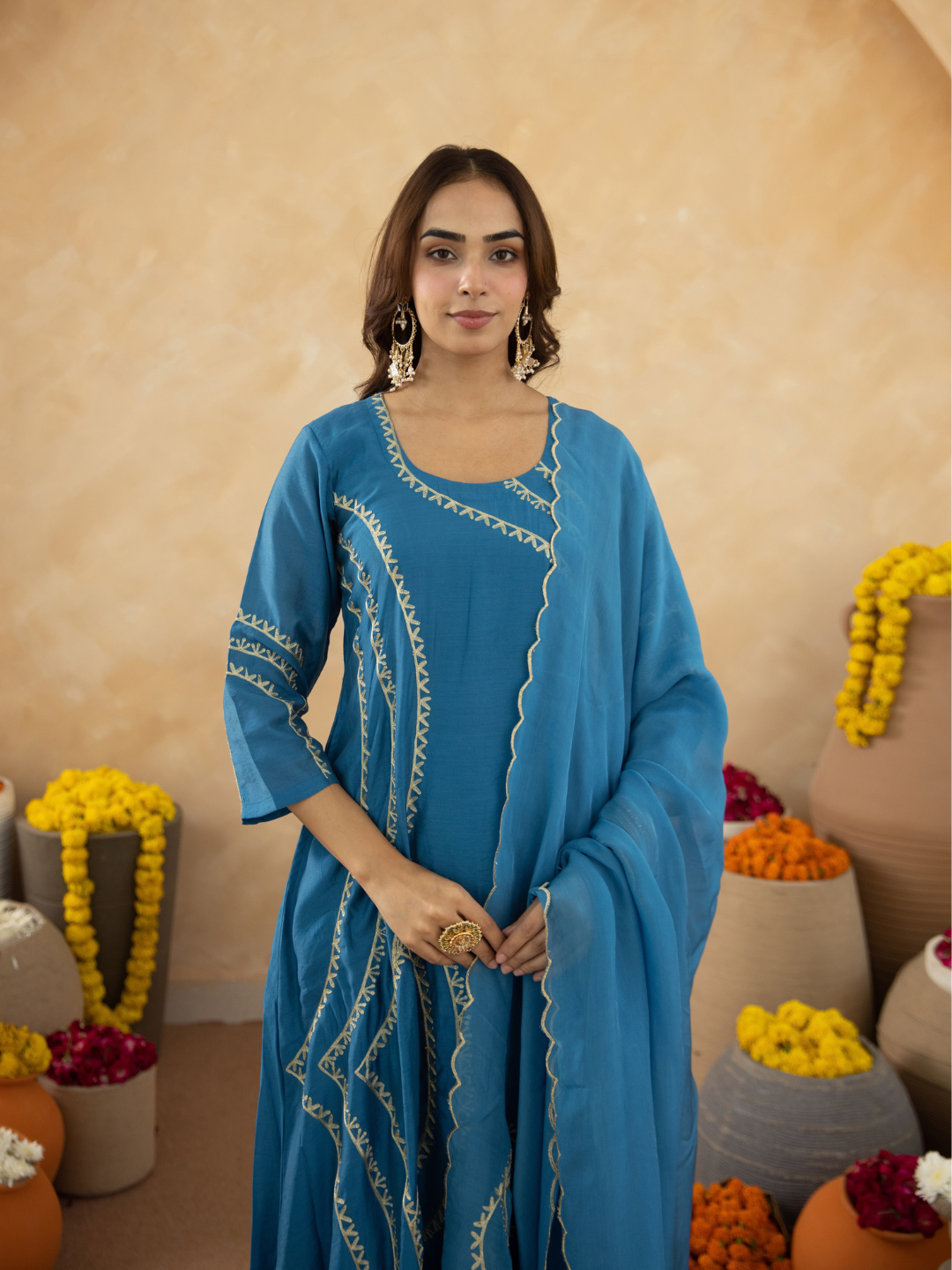 Blue Chanderi Aari Embroidered A- Line Kurta Set
