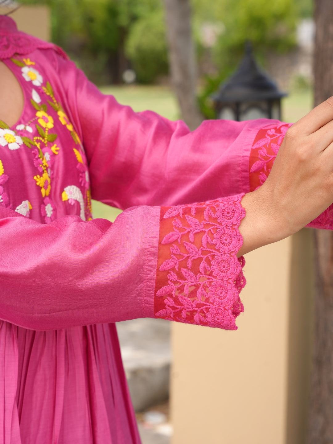 Rose Pink Floral Handwork Chanderi Kurta Set