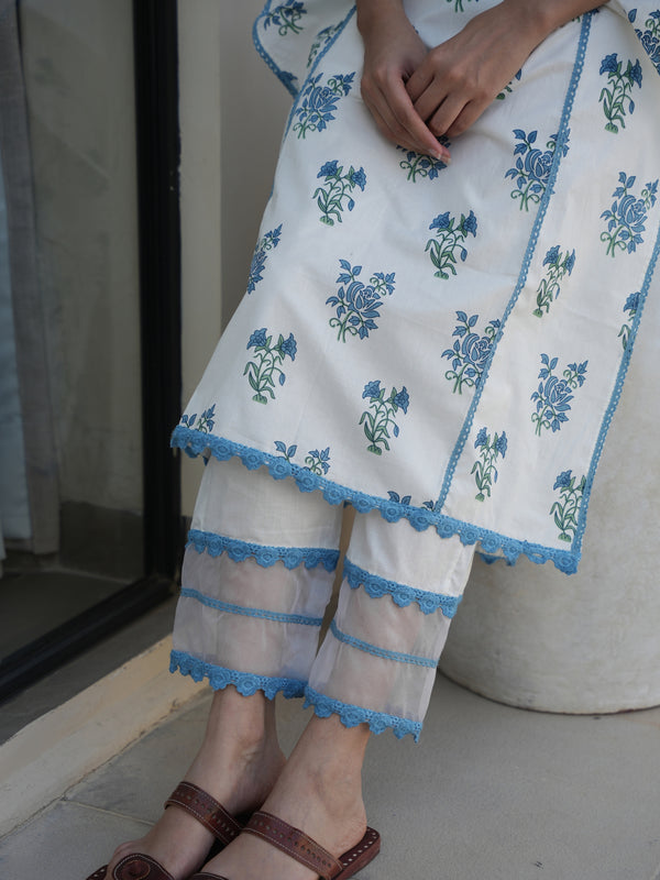 MAGNOLIA WHITE COTTON BLOCK PRINT SUIT SET