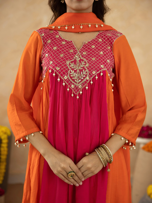 Orange Chanderi Aari & Handwork Gathered Kurta Set