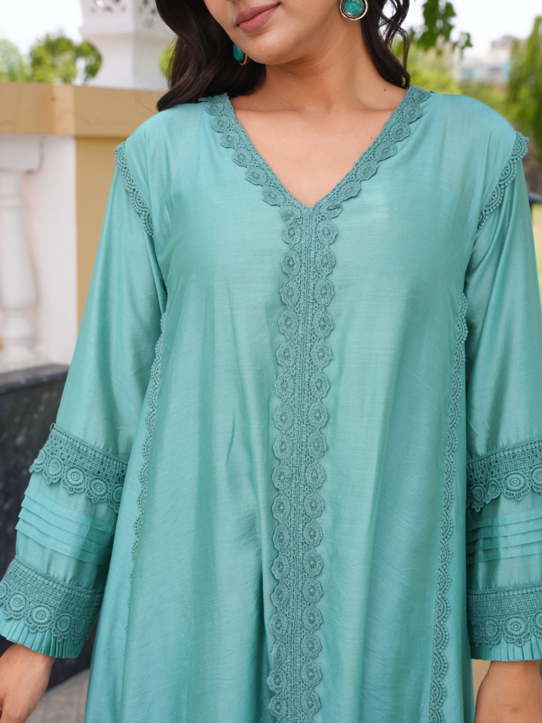 Sea Green Chanderi Lace Work Kurta Set