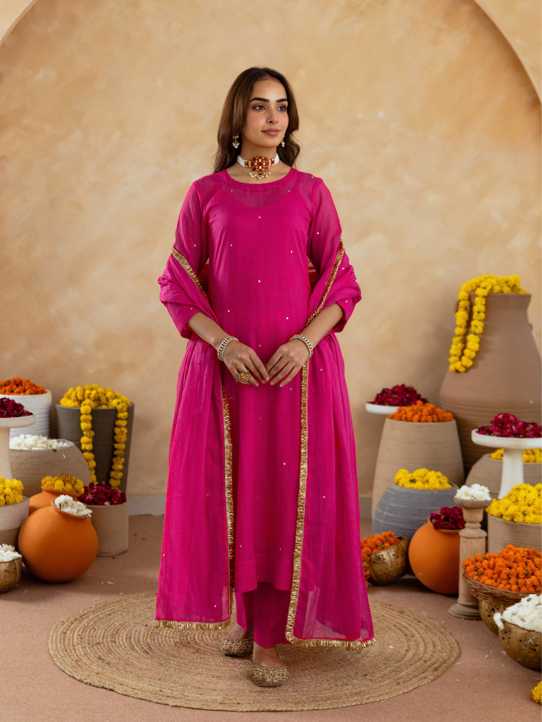 Fuchsia Pink Doria Hand Embroidered A- Line Kurta  Set