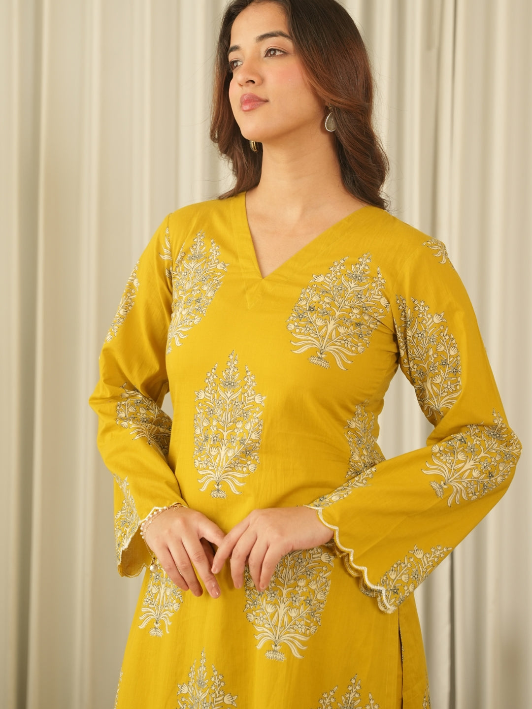 Mustard Bloom Screen Print Cotton Suit Set