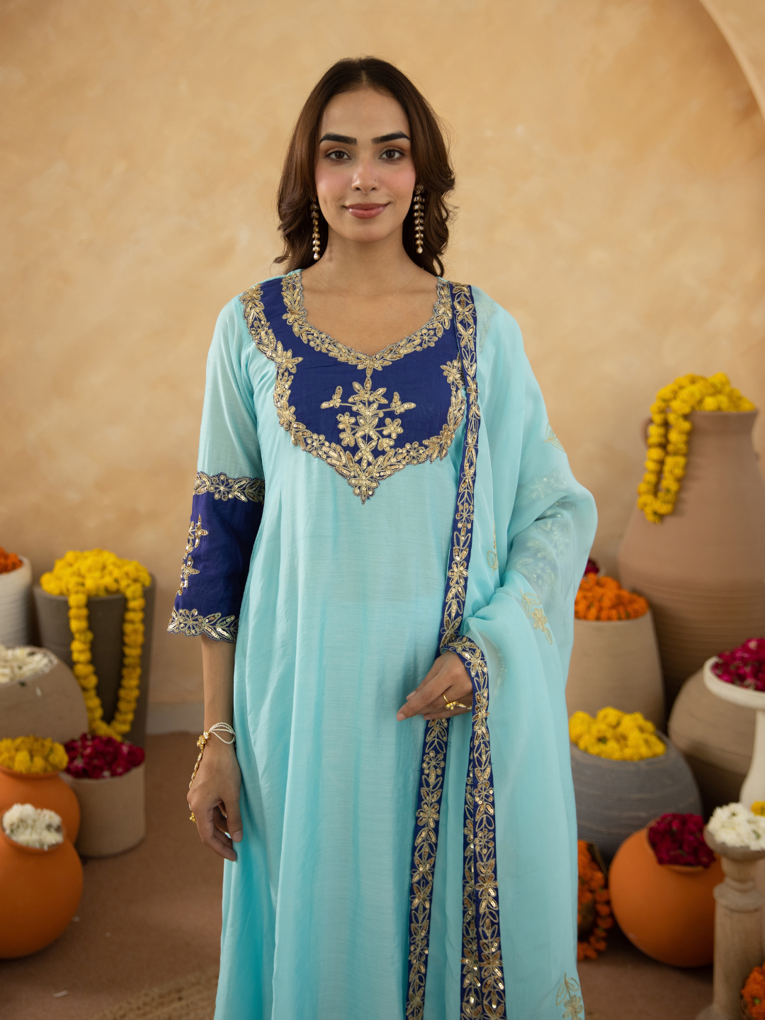 Sky Blue Chanderi A-Line Kurta Set with Handwork Detailing &  Organza Dupatta