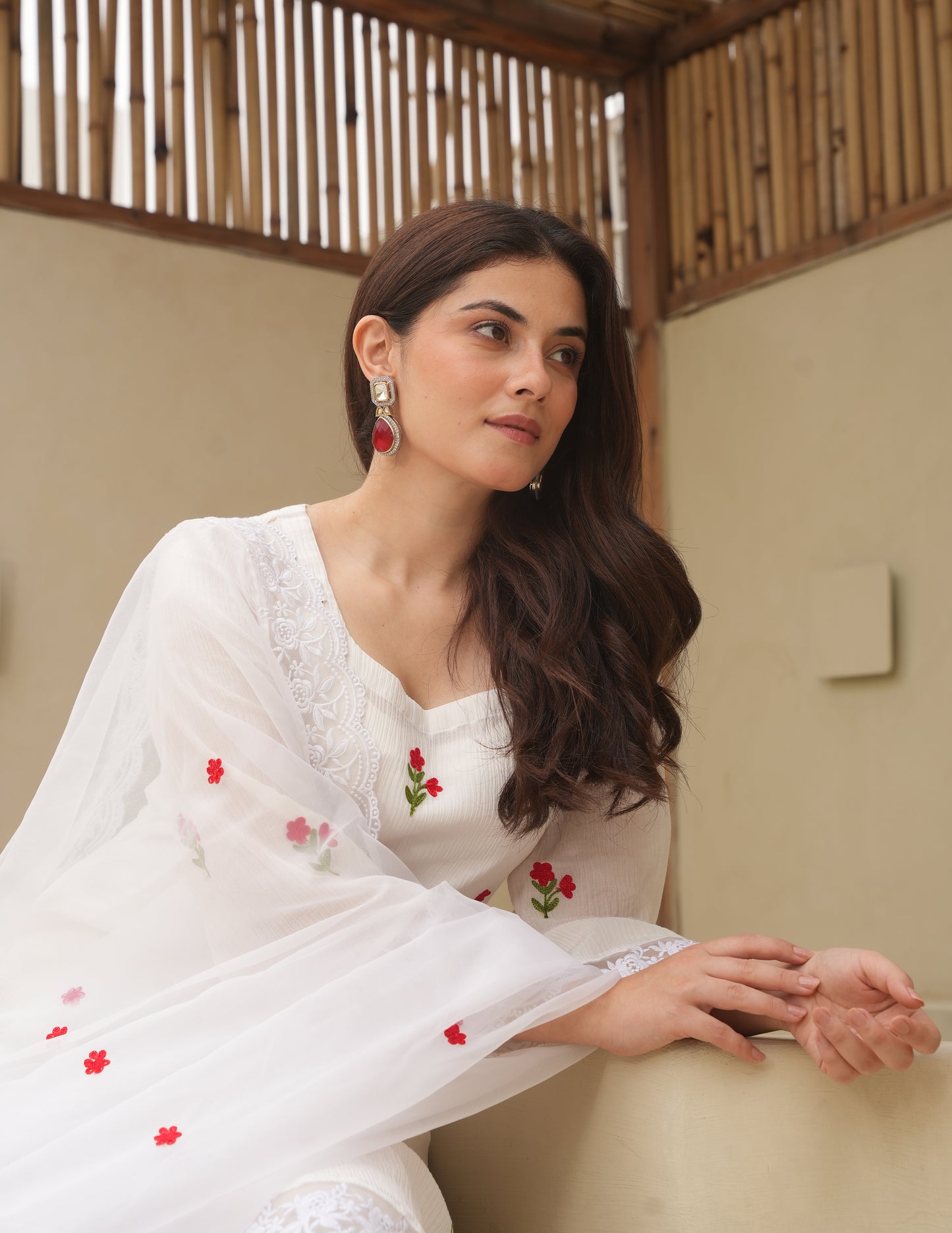 Shy White Embroidered Crushed Cotton Suit Set