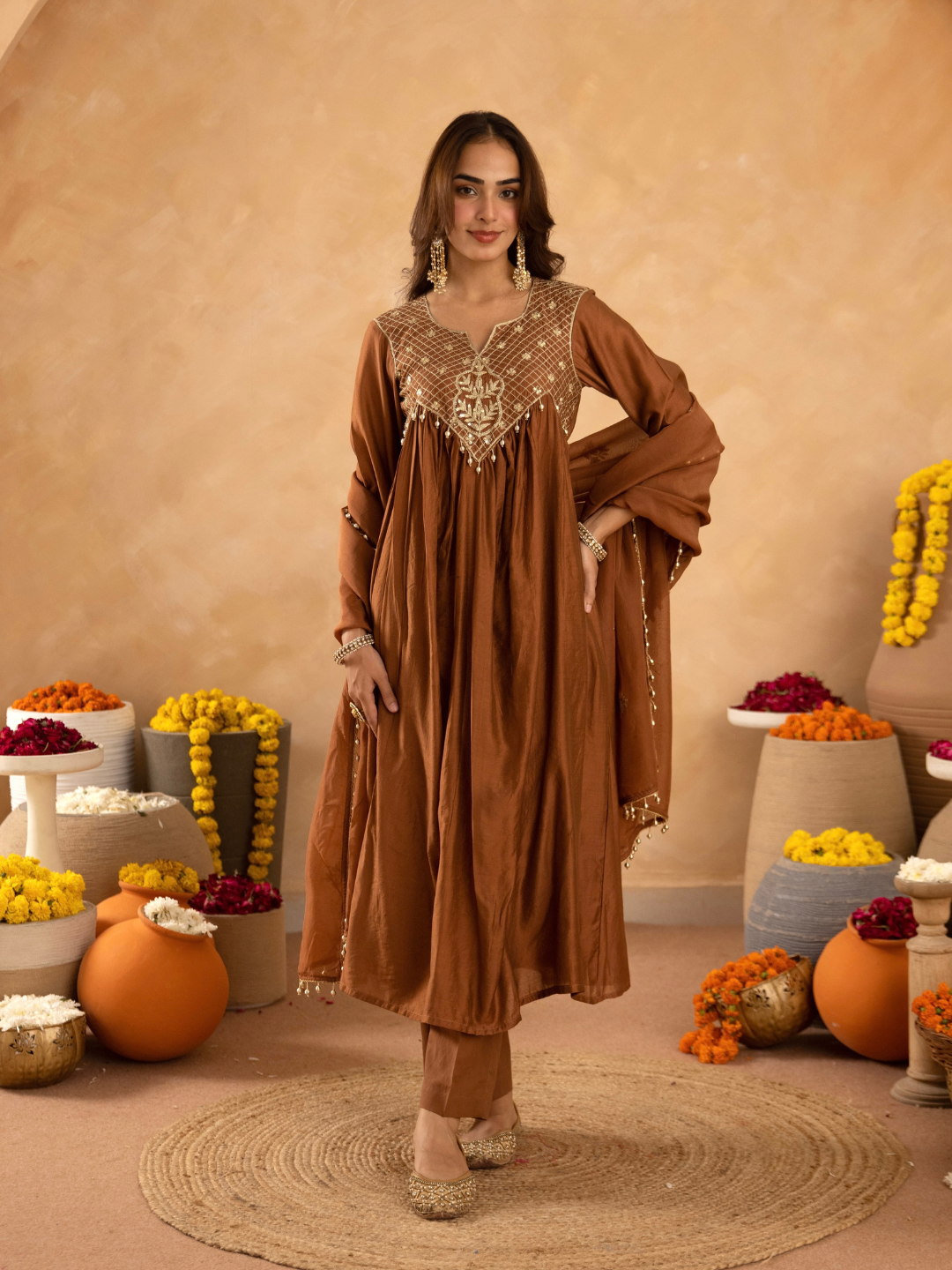 Brown Chanderi Aari & Handwork Gathered Kurta Set