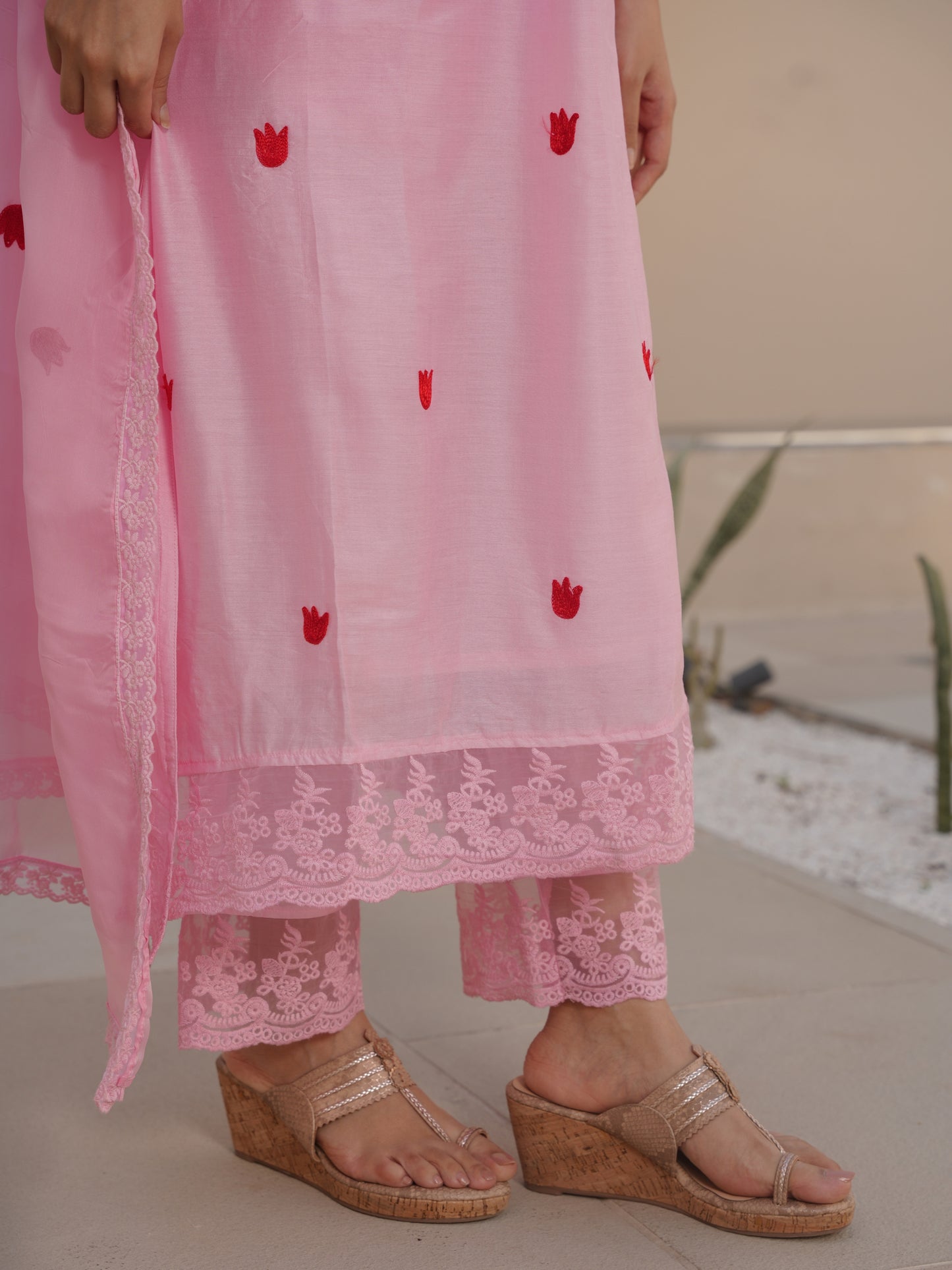 TULIP PINK CHANDERI EMBROIDERED SUIT SET