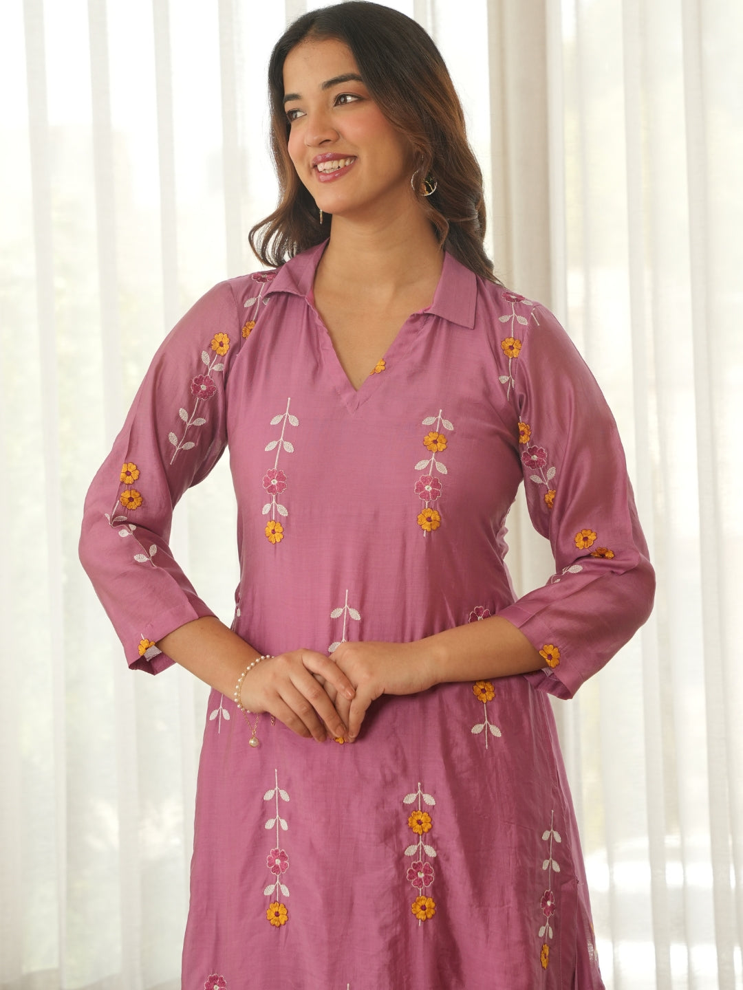 Mauve Pink Embroidered Chanderi Kurta Set with Pants