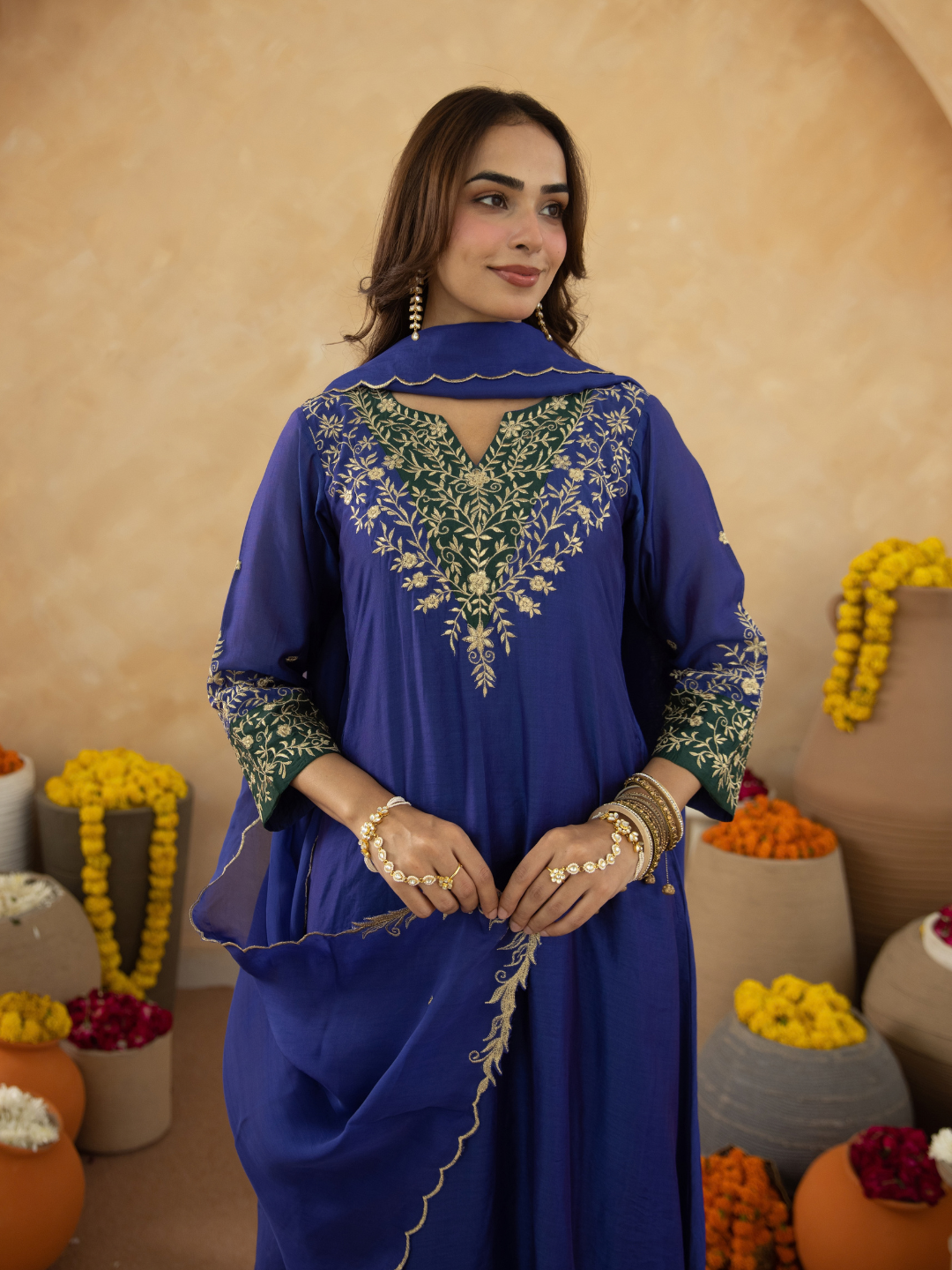 Royal Blue Zari Embroidered A-Line kurta with Dupatta