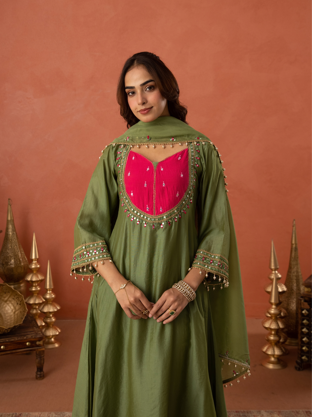 Olive Green Chanderi Mirrorwork A- Line Kurta Set