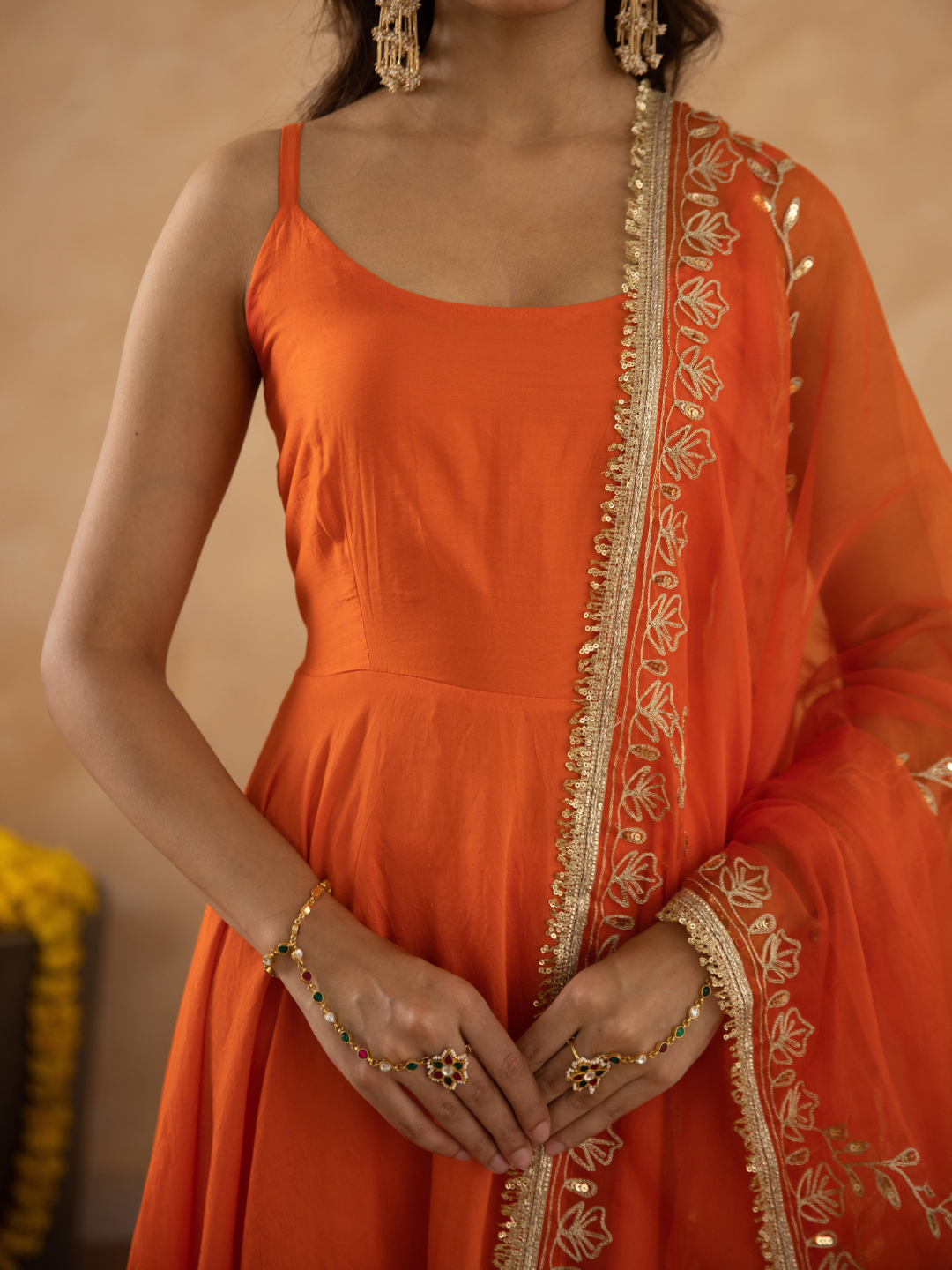 Orange Chanderi Anarkali with Aari Work & Sequin Embellished  Dupatta