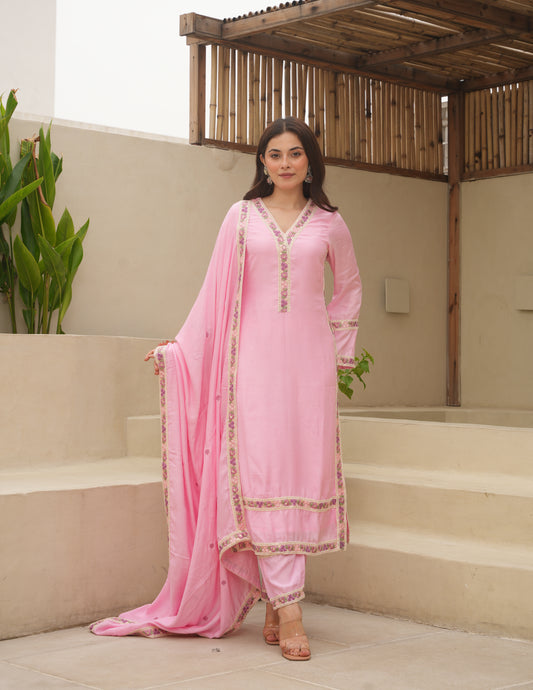 Pink Maslin Embroidered Suit Set