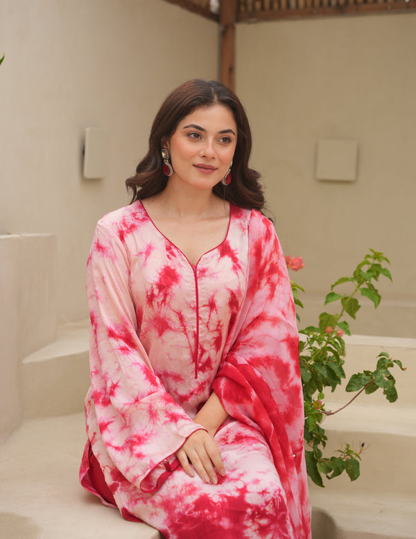 Red Silk Shibori Mirror  Work Staright Suit Set