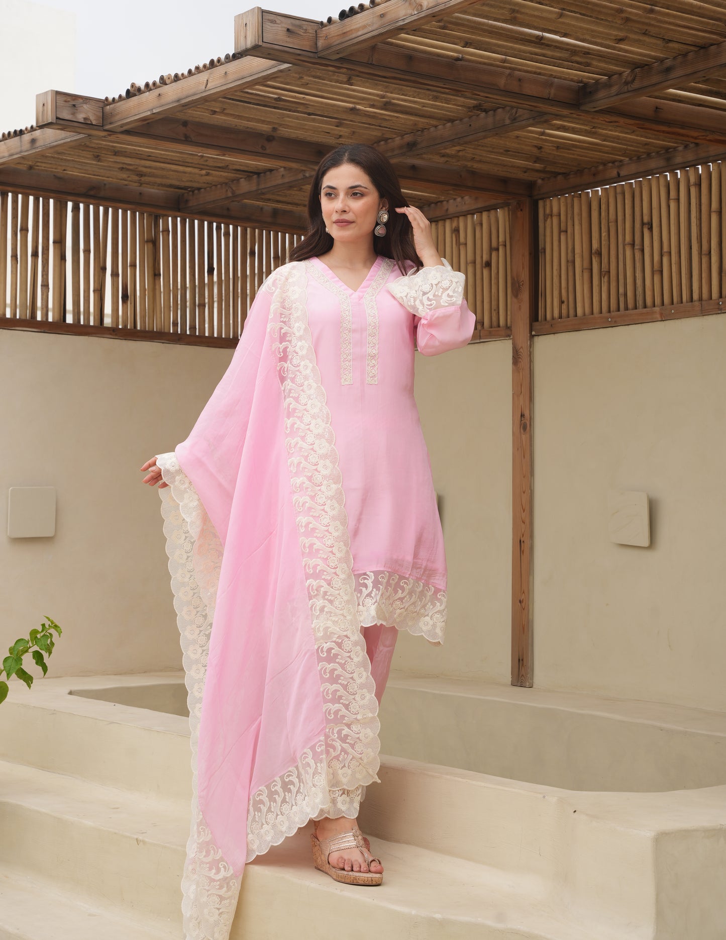 Ella Baby Pink Silk Straight Suit Set
