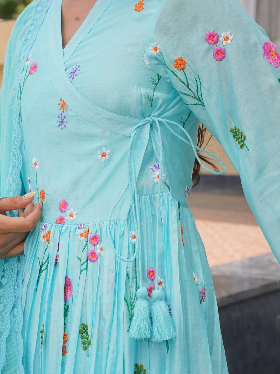 Aqua Blossom Chanderi Angrakha Kurta Set