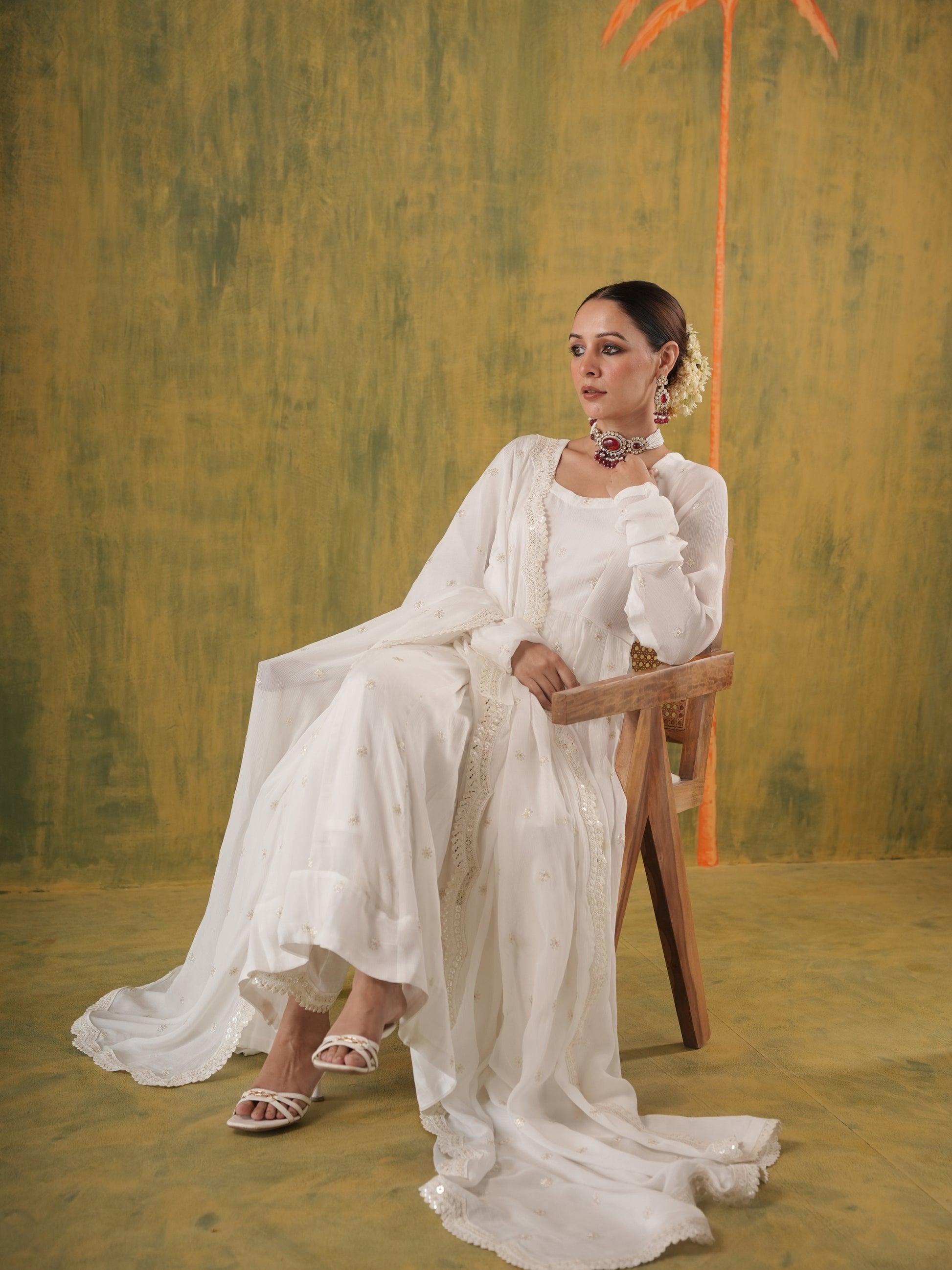 Zeenat White Embroidered Anarkali Set OneWe India Zeenat White Embroidered Anarkali Set OneWe India