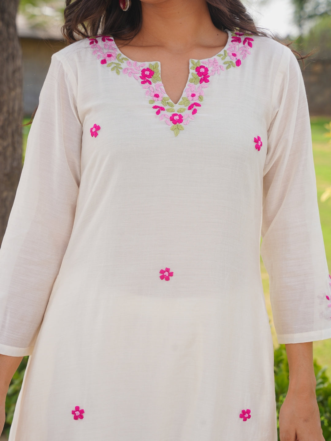 Off White Petal Handwork Chanderi A-Line Kurta Set