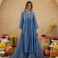 Dusty Blue Chanderi Zari Embroidered Gathered  Kurta Set