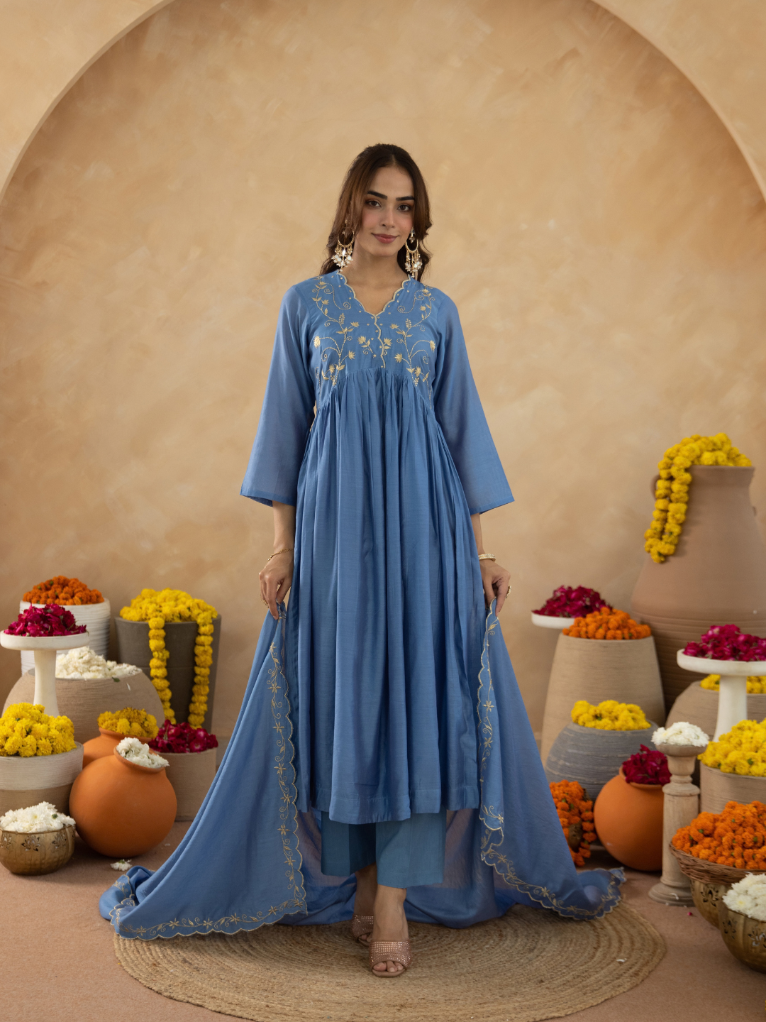 Dusty Blue Chanderi Zari Embroidered Gathered  Kurta Set