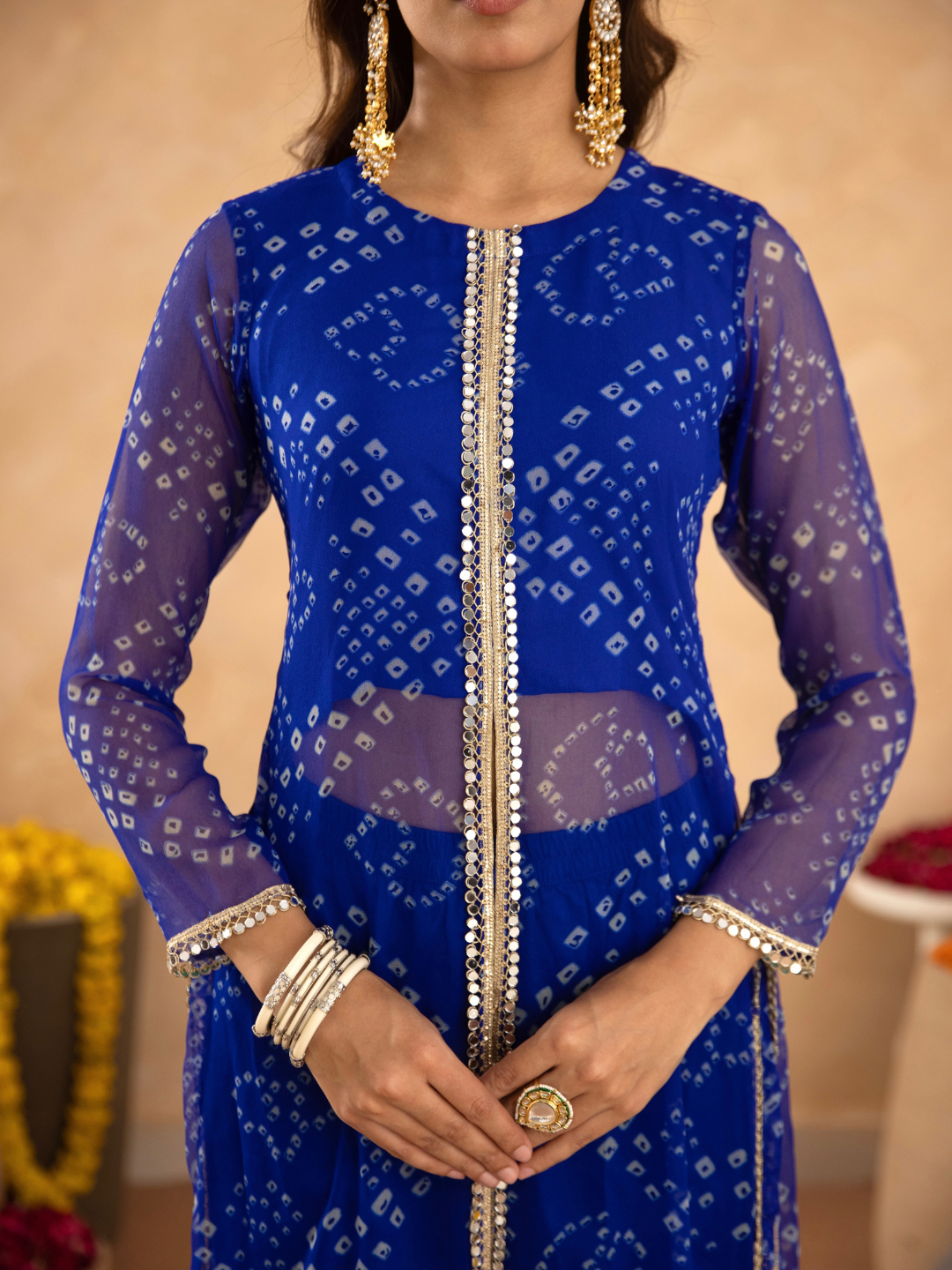 Blue Chiffon Bandhej Mirrorwork Straight Kurta
