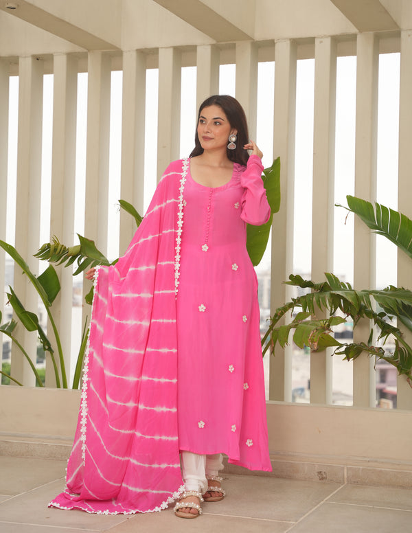 Pink Silk Embroidered Leheriya Suit Set