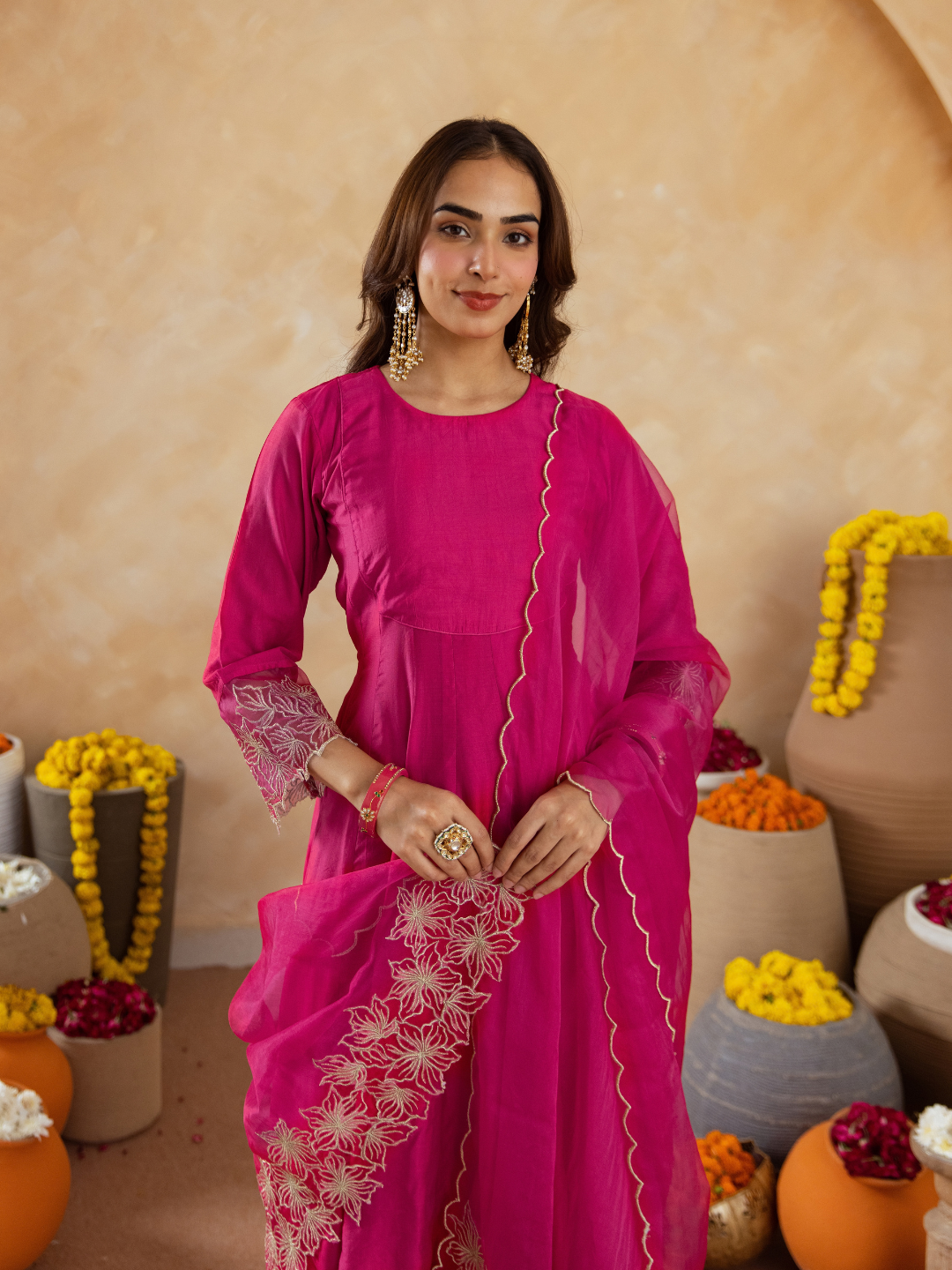 Fuchsia Pink Chanderi Embroidered Kurta Set with  Organza Dupatta