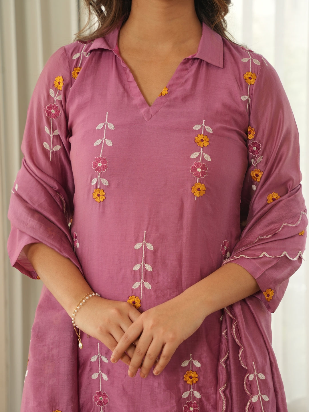 Mauve Pink Embroidered Chanderi Kurta Set with Pants & Dupatta