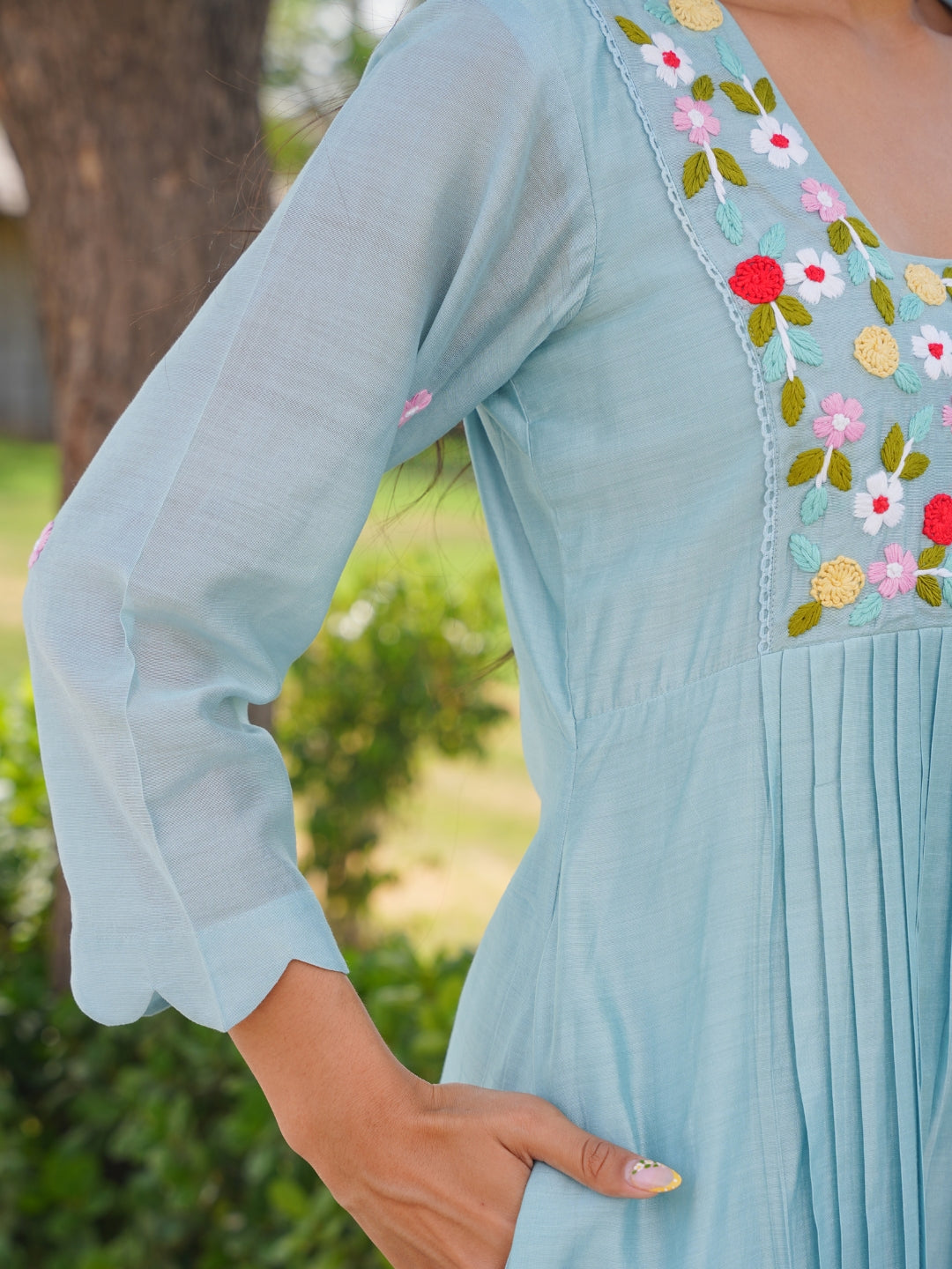 Powder Blue Floral Handwork Chanderi Kurta Set