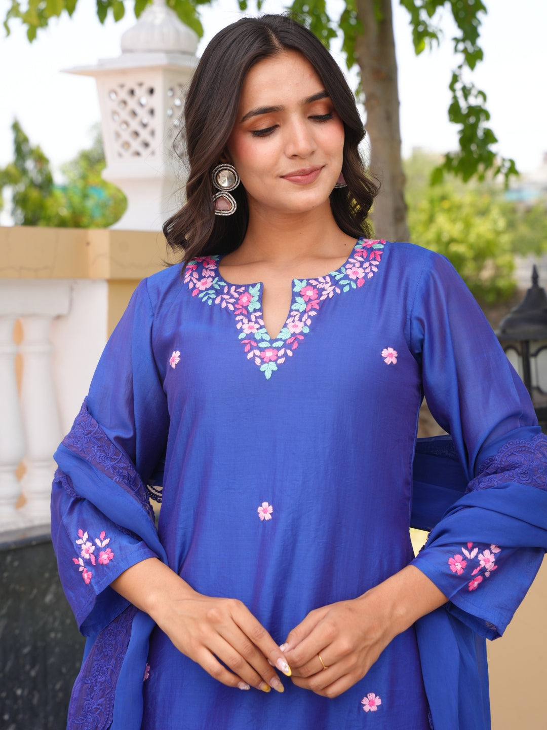 Blue Floral Handwork Chanderi A-Line Kurta Set