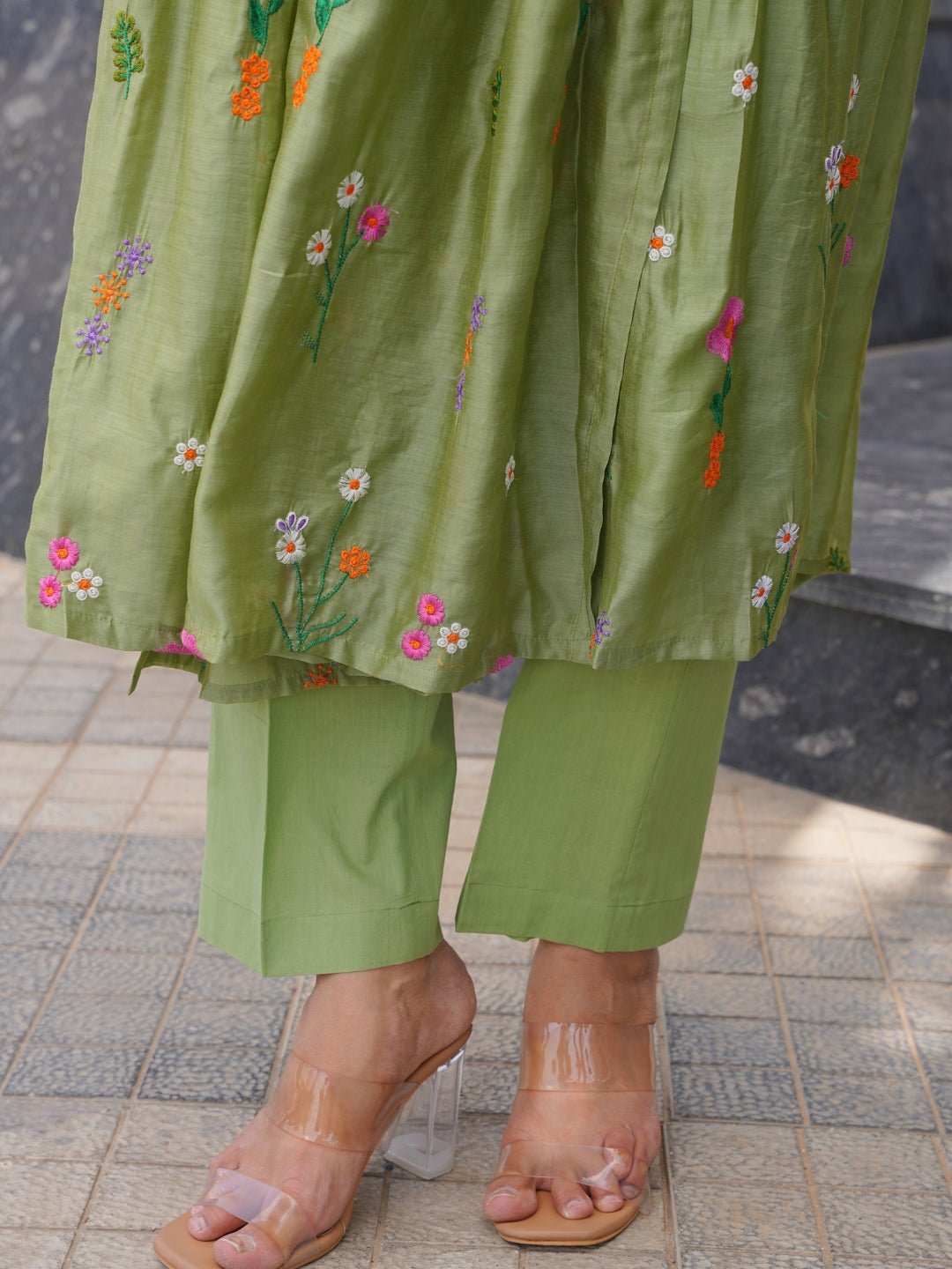 Pista Flora Chanderi Angrakha Kurta Set