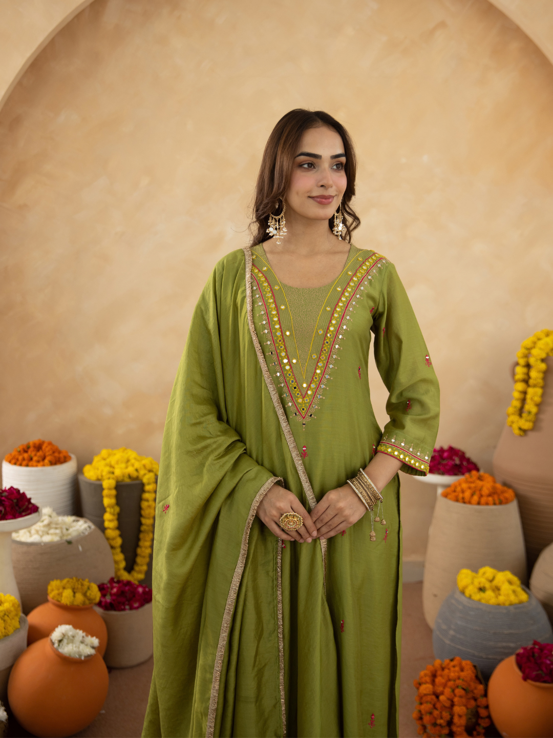 Green Handcrafted Chanderi Mirrorwork Straight Kurta Set