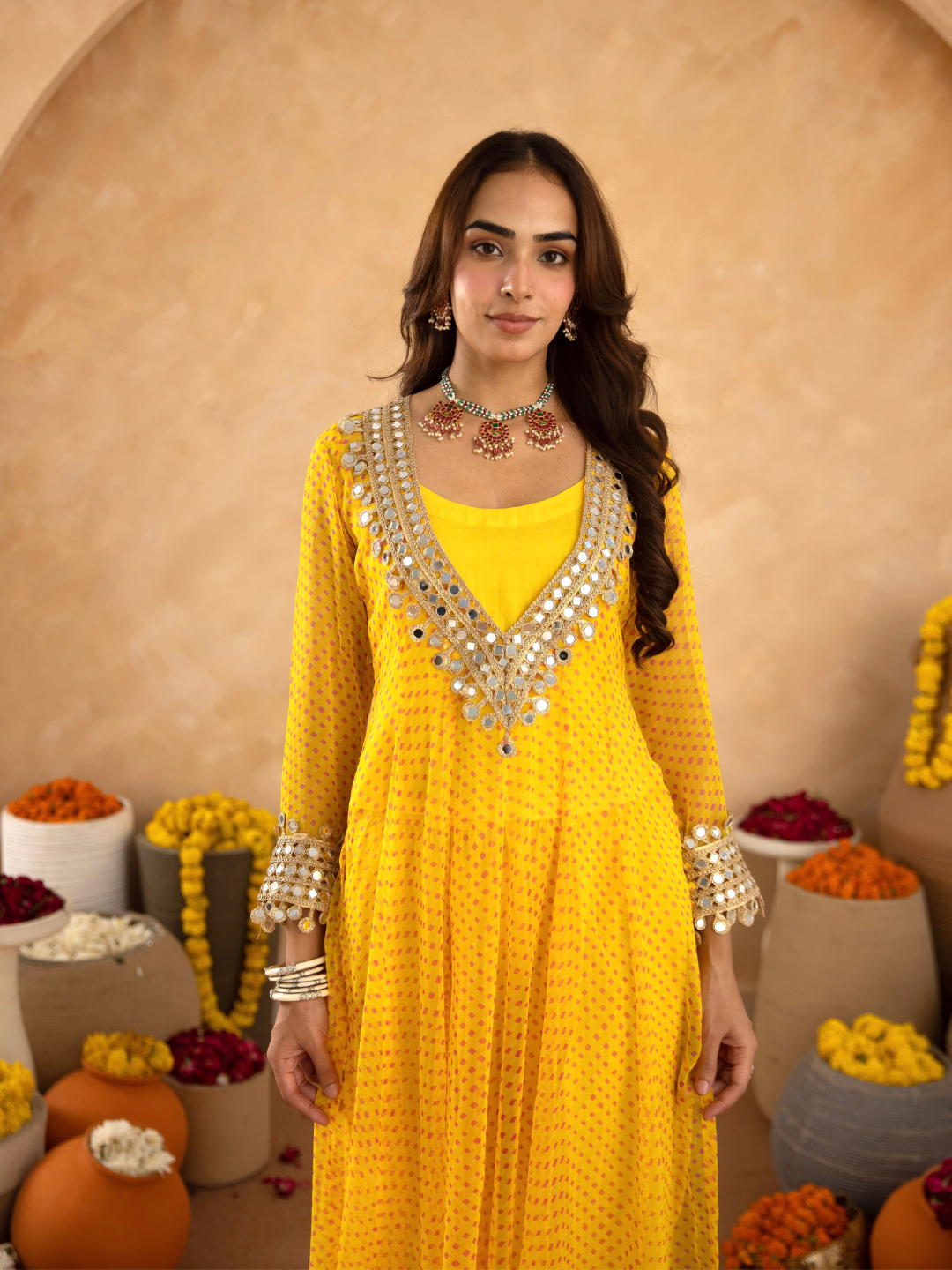 Yellow Chiffon Bandhej Mirrorwork Kurta Set