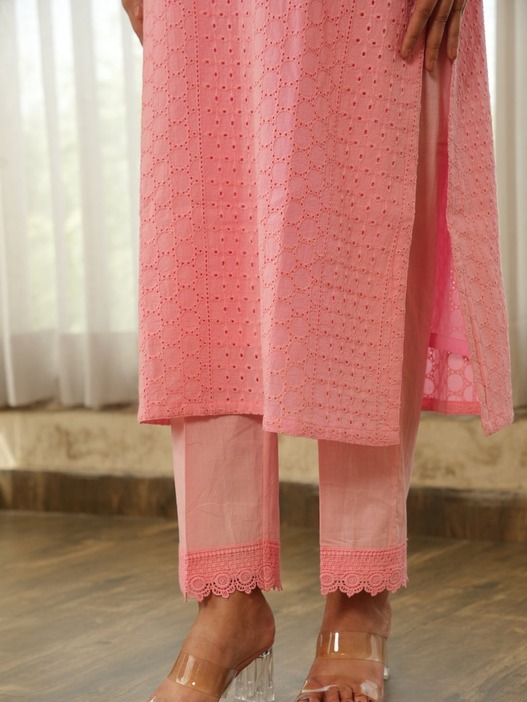 Peach Schiffli Cotton Kurta Set with Pants & Organza Dupatta