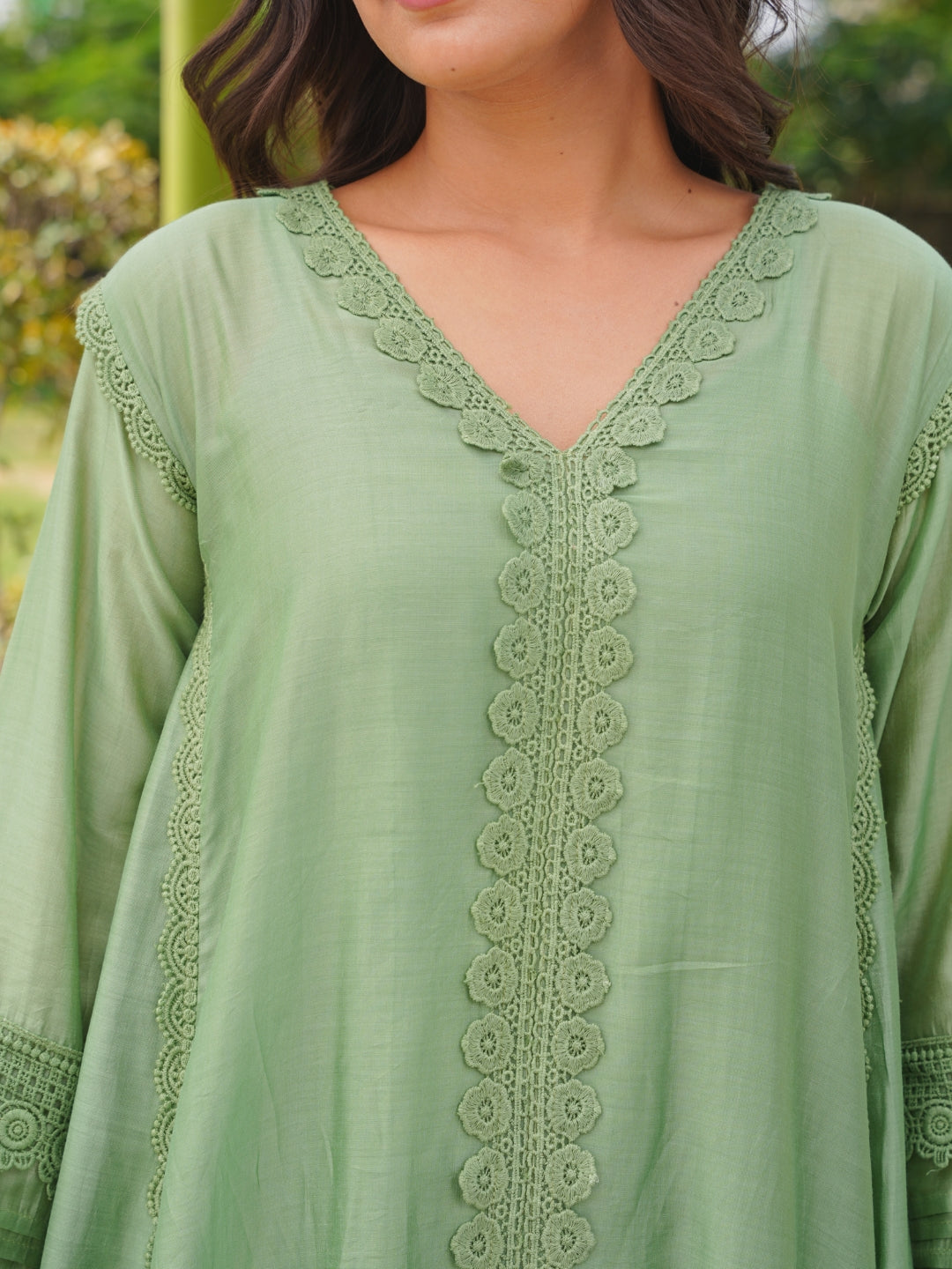 Pista Chanderi Lace Work Kurta Set