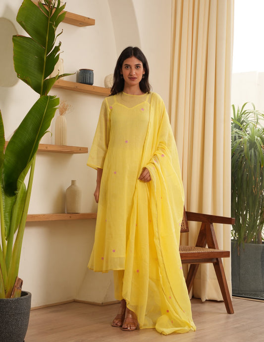 Jane Yellow  Embroidered Doria Suit Set