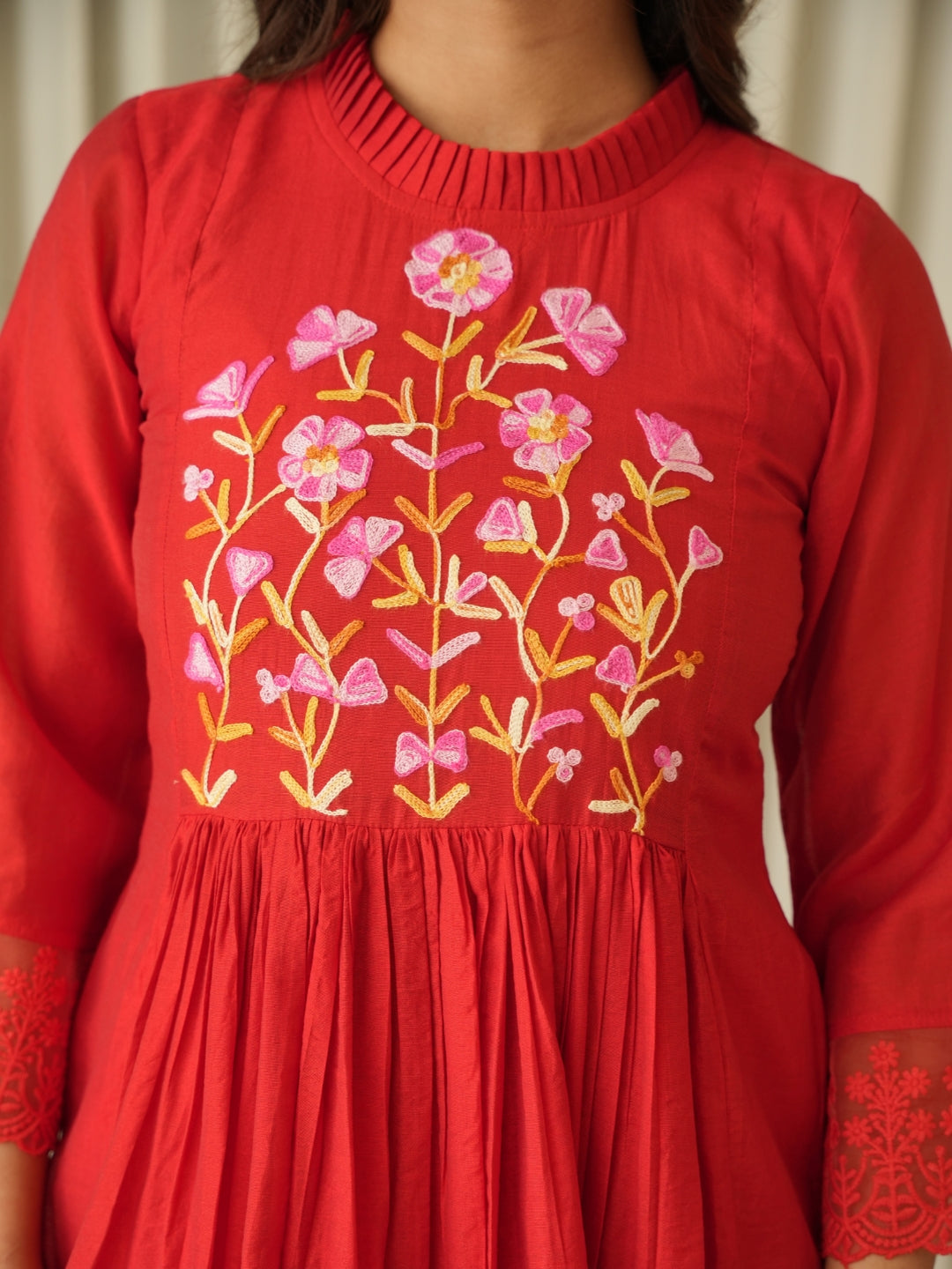 Crimson Red Aari Embroidered Chanderi Suit Set