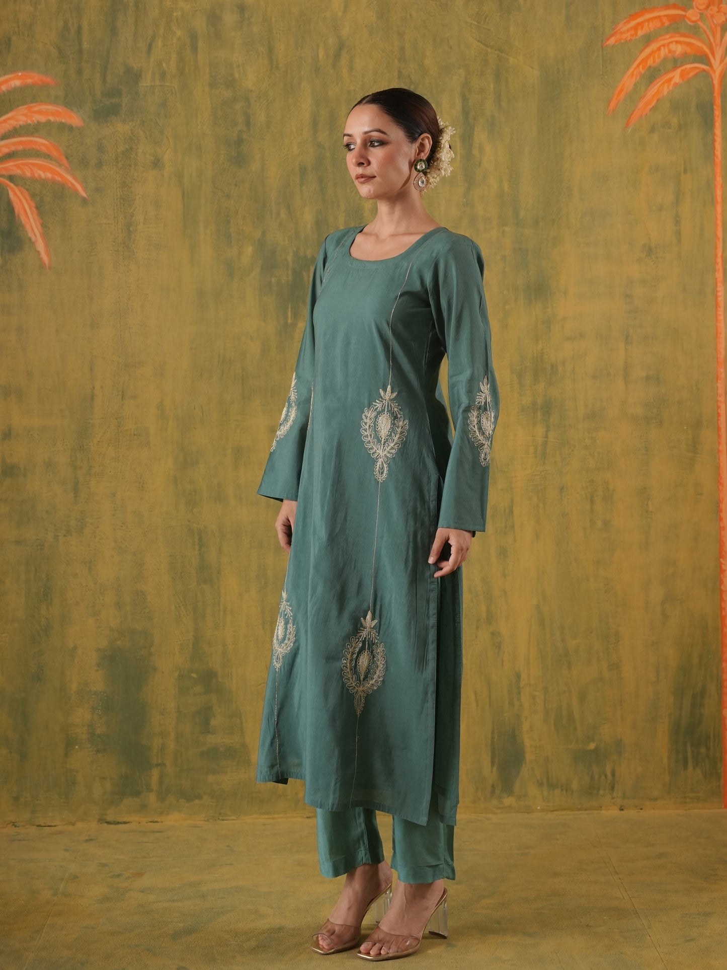Rani Zoya Green Embroidered Silk Suit Set