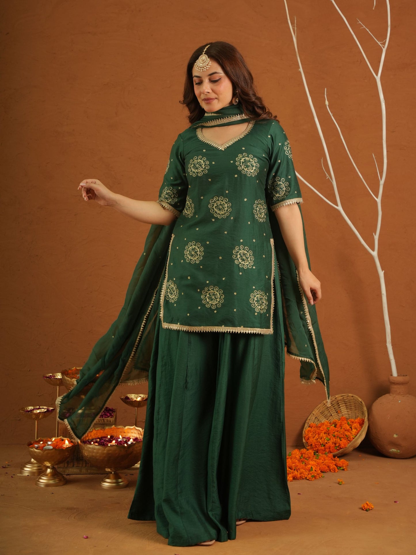 Tarannum Green Muslin Zariwork Sharara Set