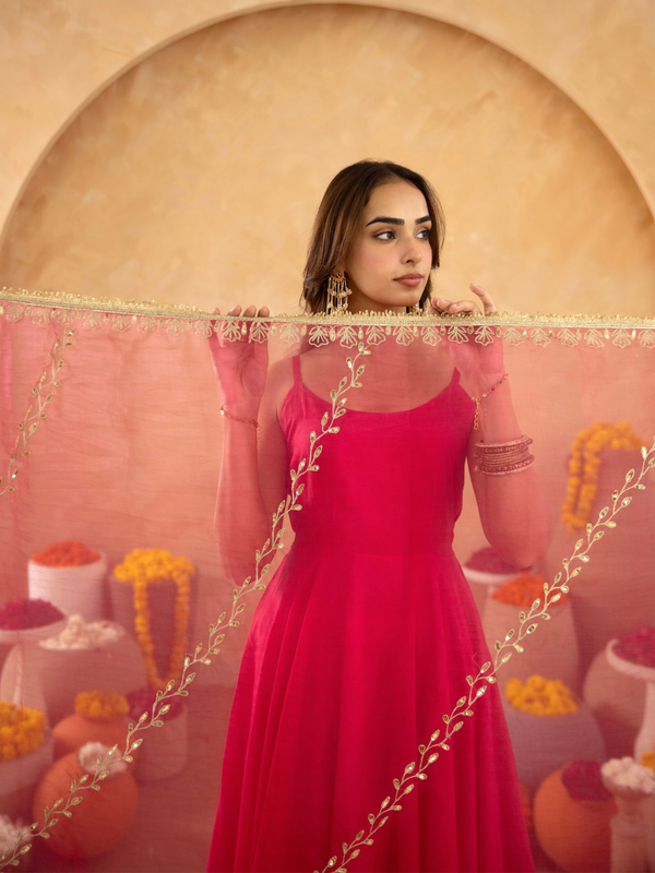 Fuchsia Chanderi Anarkali with Aari Work & Sequin Embellished  Dupatta