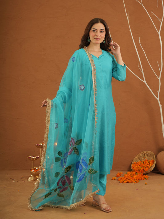 Mayaaz Sky Chanderi With Handpaint Dupatta