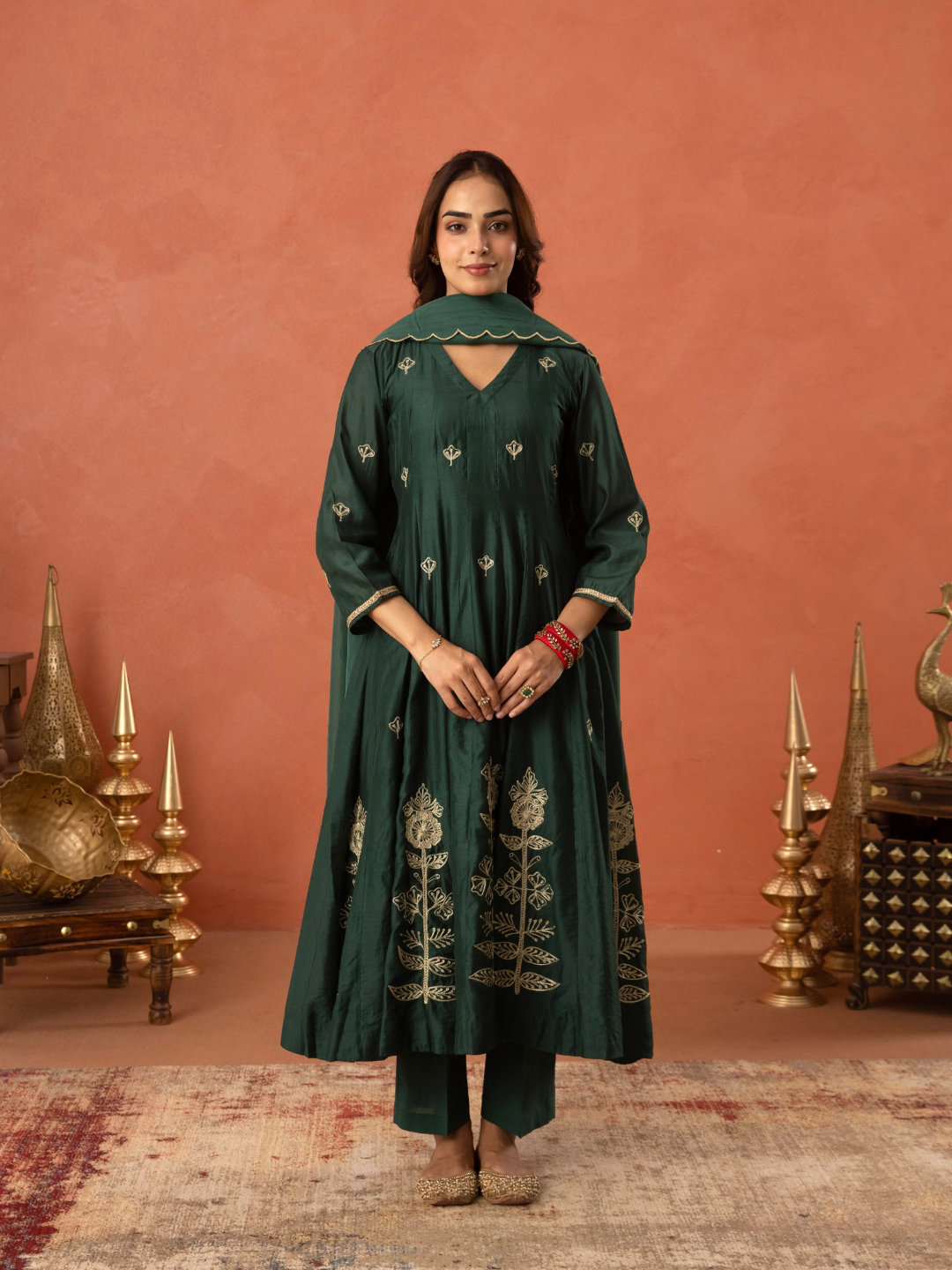 Bottle Green Floral Aari Embroidered Anarkali Set