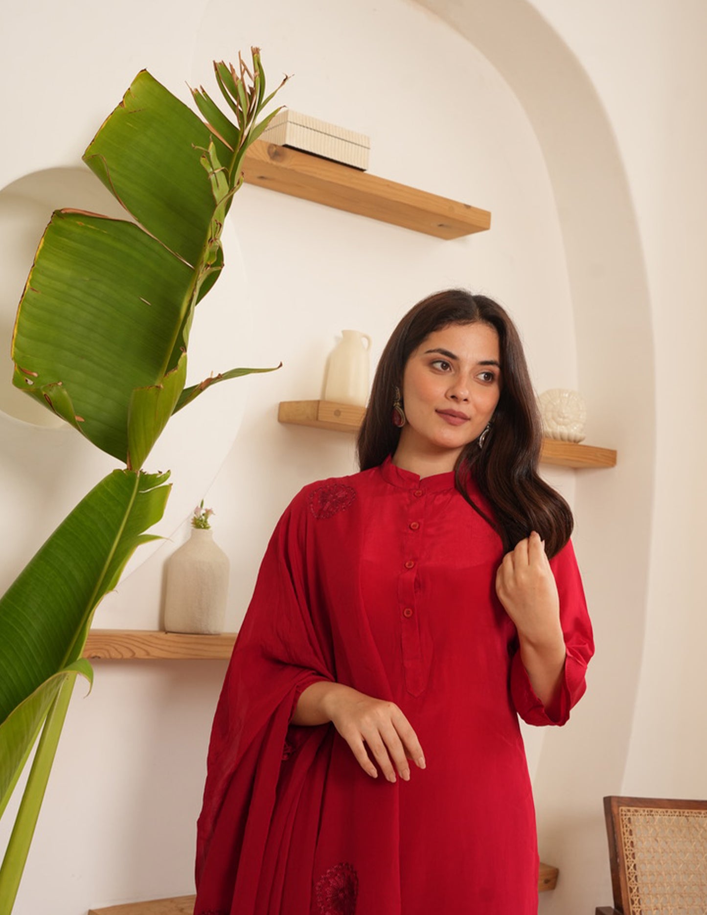Marley Red Silk Straight Suit Set