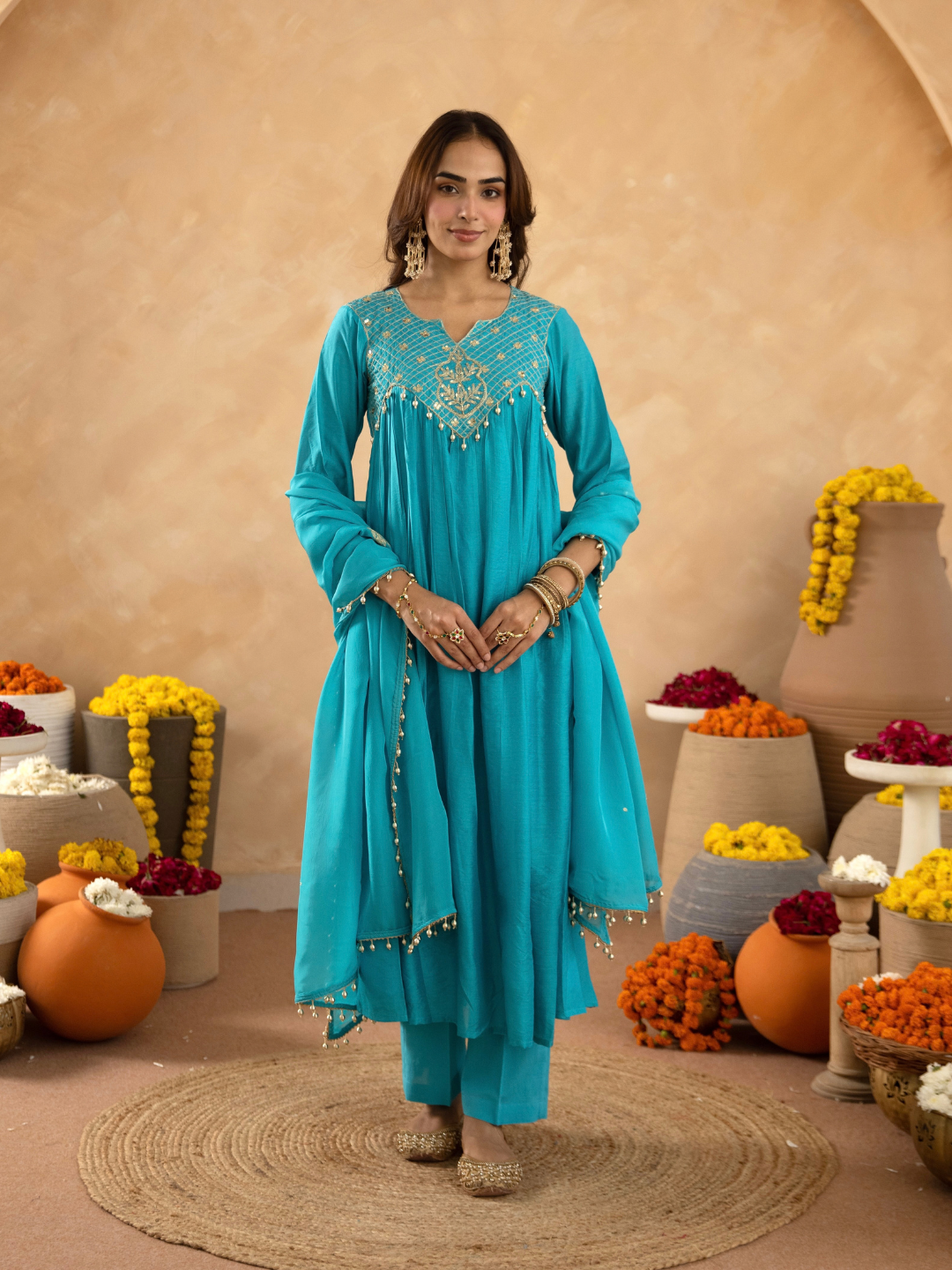 Cyan Blue Chanderi Aari & Handwork Gathered Kurta Set