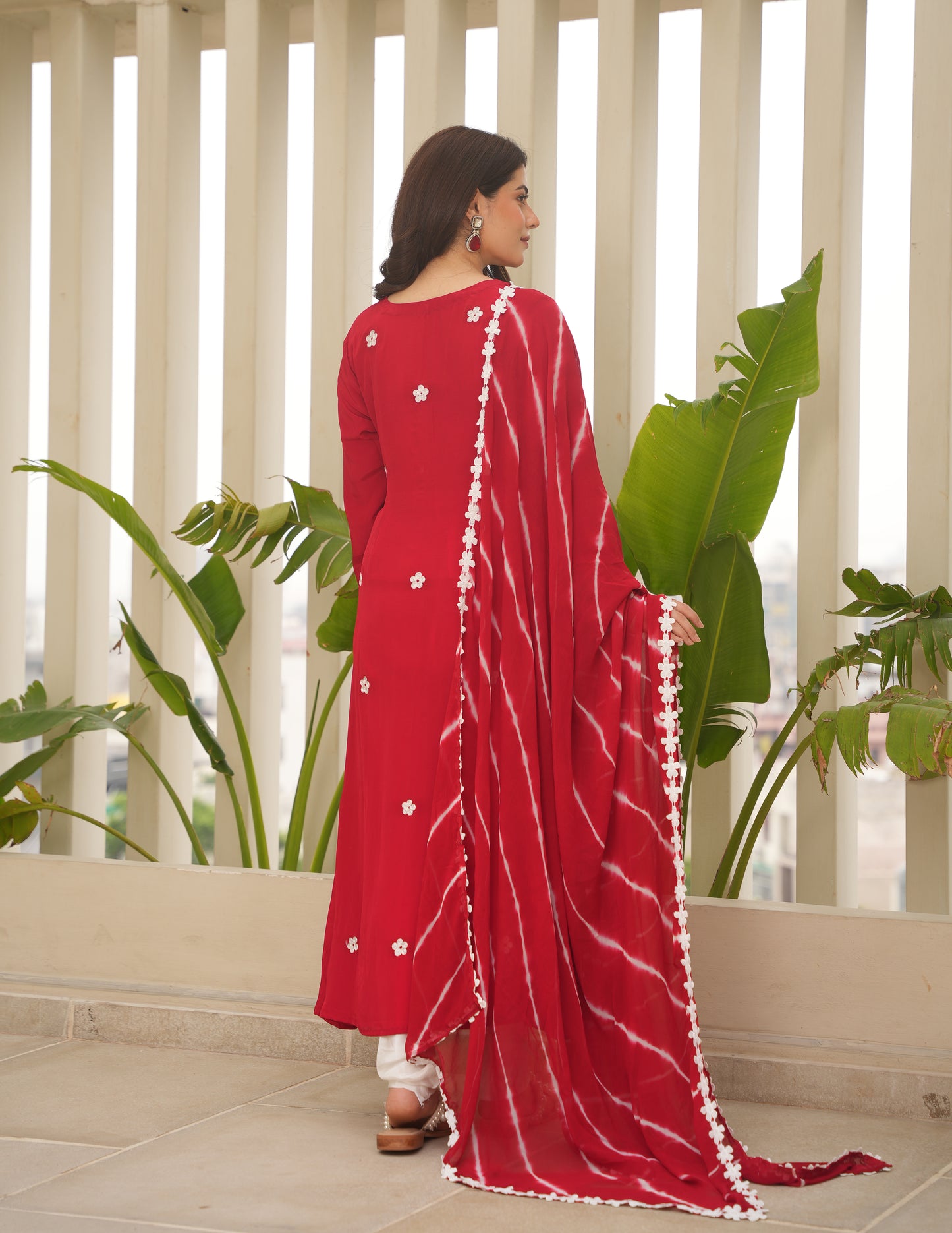 Red Silk Embroidered Leheriya Suit Set