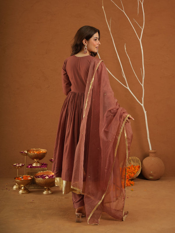 Zariya Brown Chanderi Gota Suit Set