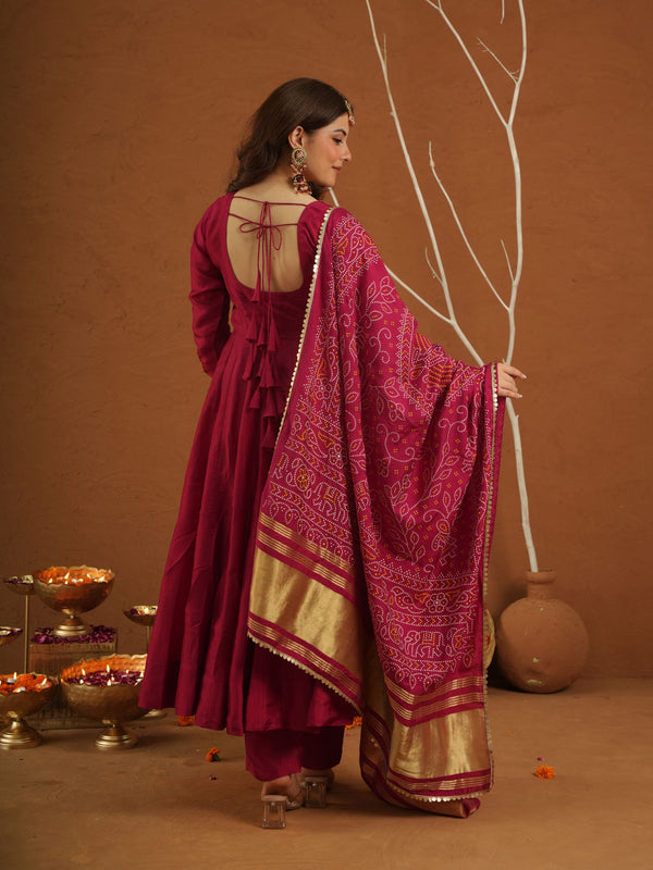 Heer Pink Silk Anarkali Set With Bandhej Dupatta