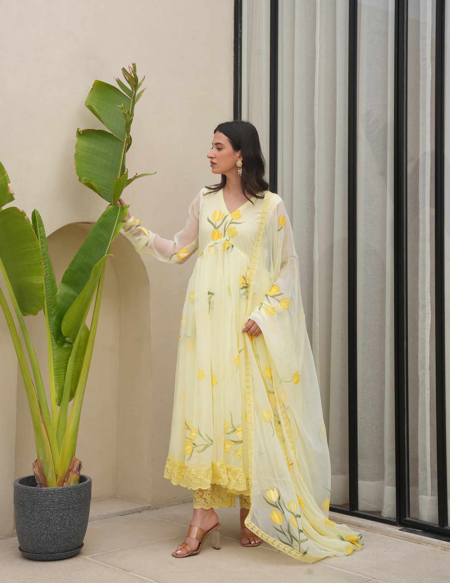 Periwinkle Yellow Chiffon Handpaint Suit Set